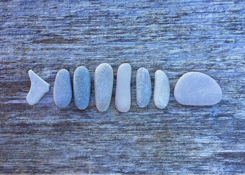 Pienistä kivistä tehty kalan muotoinen asetelma